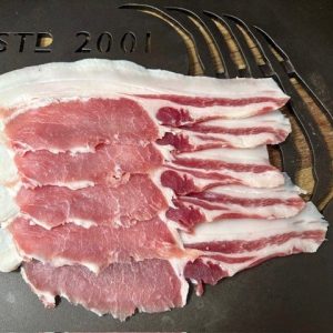 Sandy and Black Pork Dry Cured Loin Bacon - Rind On Min. 200g **New**